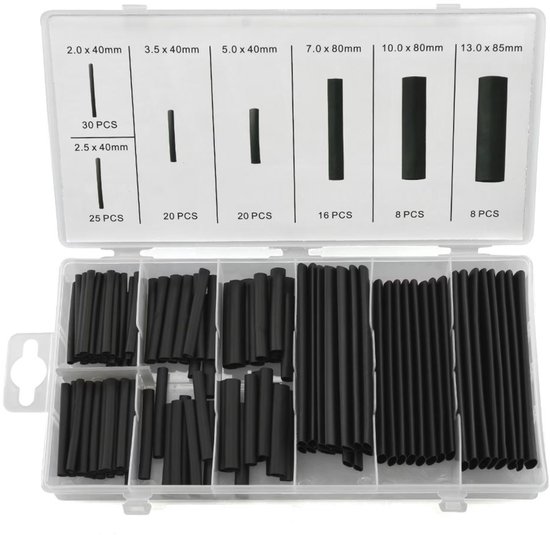 Open plastic koffer met verschillende maten zwarte krimpkousen, gesorteerd in compartimenten.