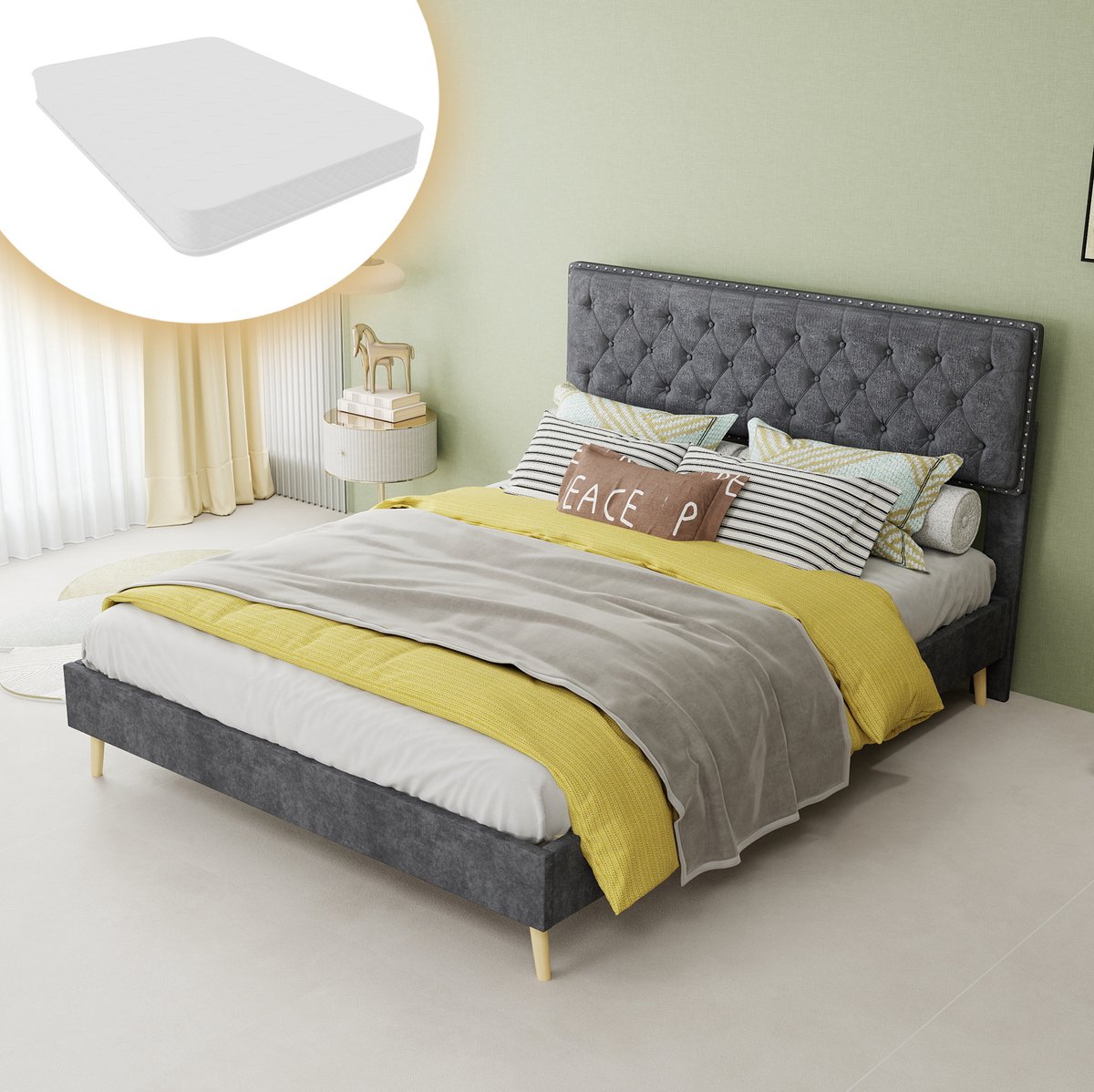COVREO Bed 140x200 cm grijs, gestoffeerd, hoog hoofdbord met matras