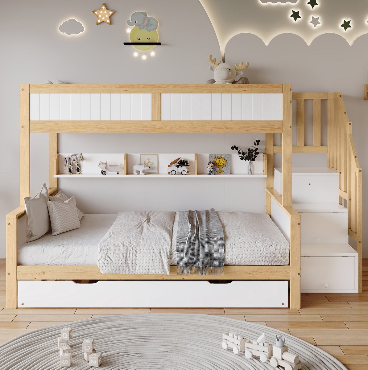 Kinderstapelbed met valbeveiliging, drie bedconfiguraties, neerklapbaar bedframe, kledingkast, hoektrap, grenen en MDF, wit en naturel houtkleur, afmetingen: 90x200, 90x190 en 120x200 cm.