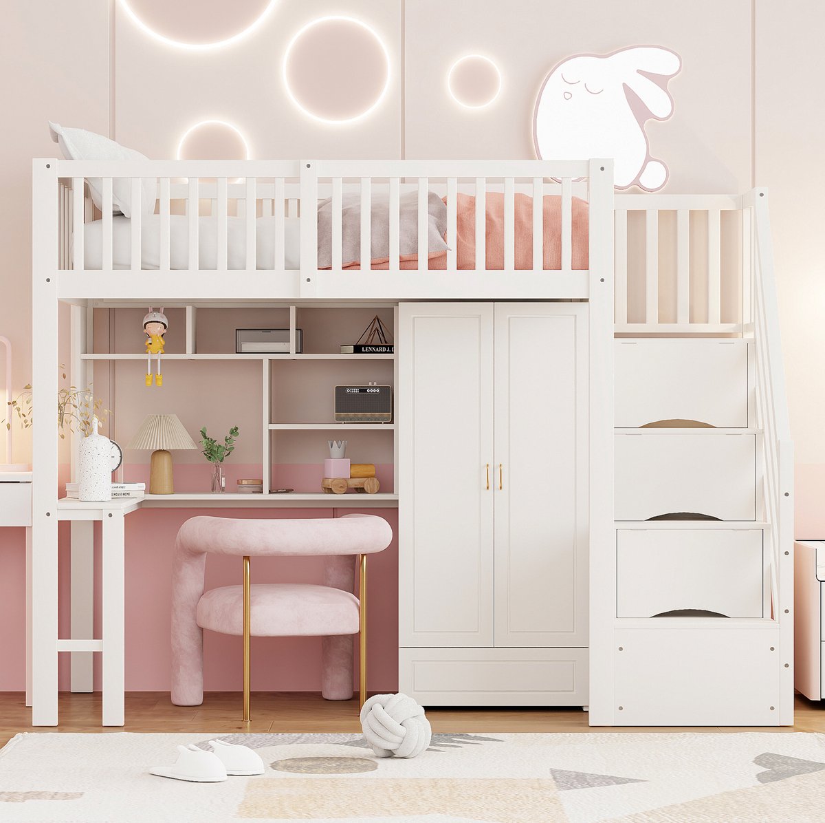 COVREO Hoogslaper met kast en bureau – 90x200 cm – Verhoogd bed met opbergtrap – voor kleine slaapkamers – Wit - zonder matras