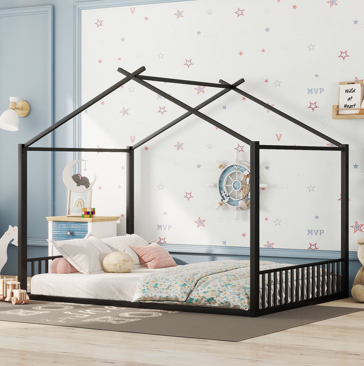 COVREO Kinderbed 205x147x165 cm – zwart metalen frame, huisvorm, met lattenbodem