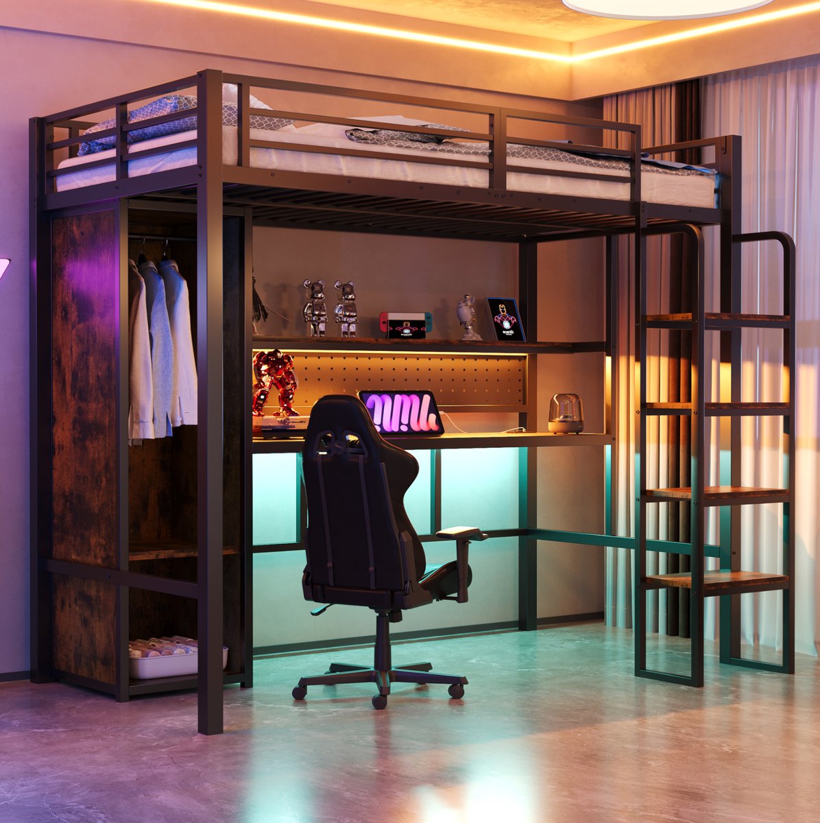 COVREO Hoogslaper 90 x 200 cm - met bureau, kledingkast, LED-verlichting en plank, zwart