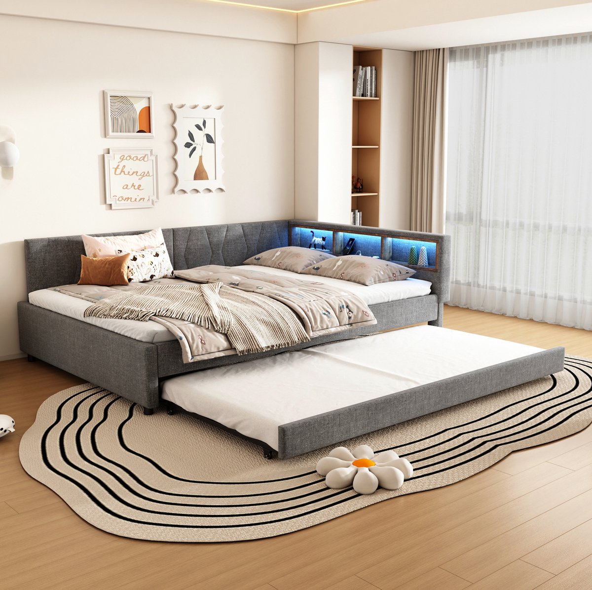 COVREO Bedbank 140x200 cm grijs, leinen, met opbergruimte, zonder matras