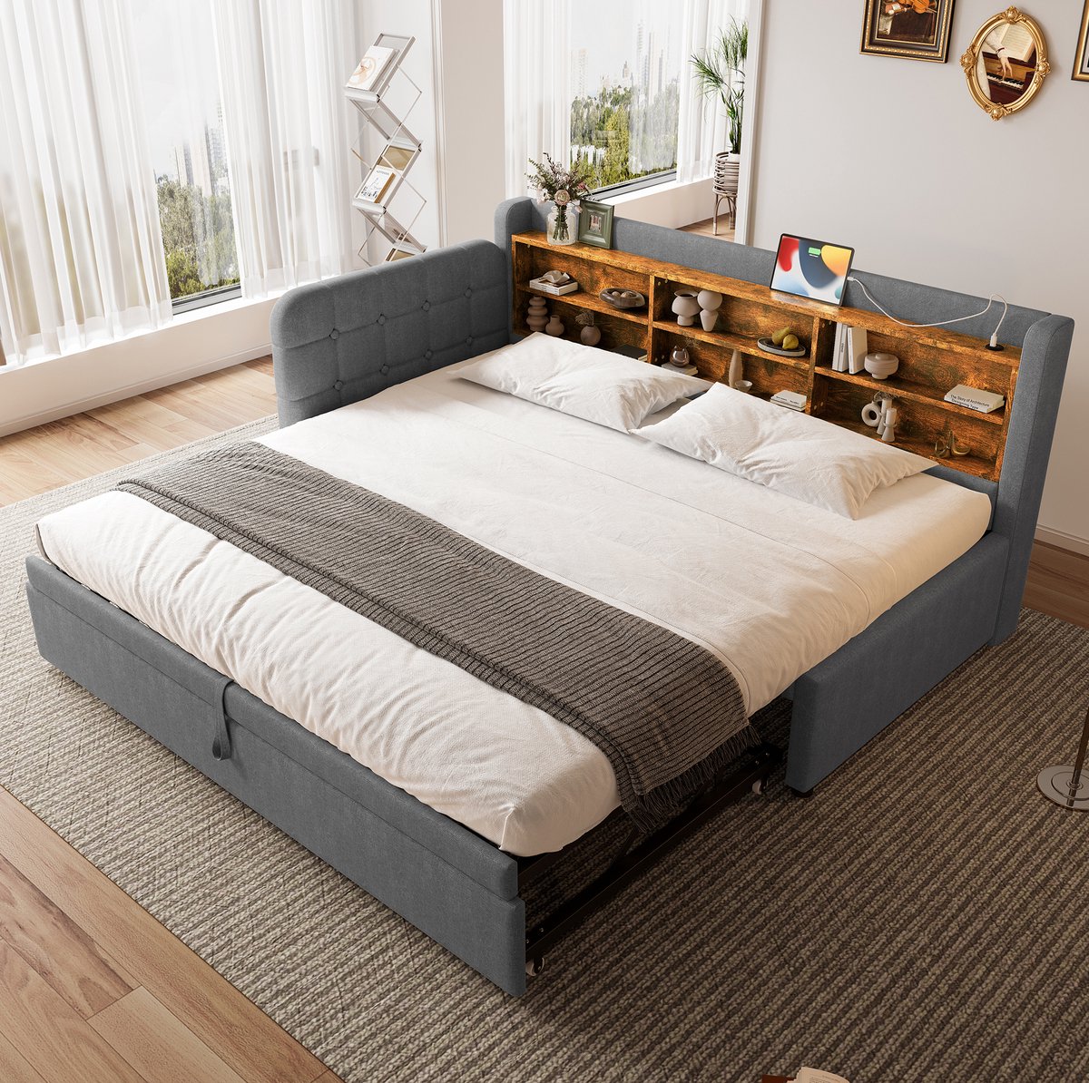 COVREO Slaapbank 90x200 cm - grijs stof, lattenbodem, zonder matras Gray
