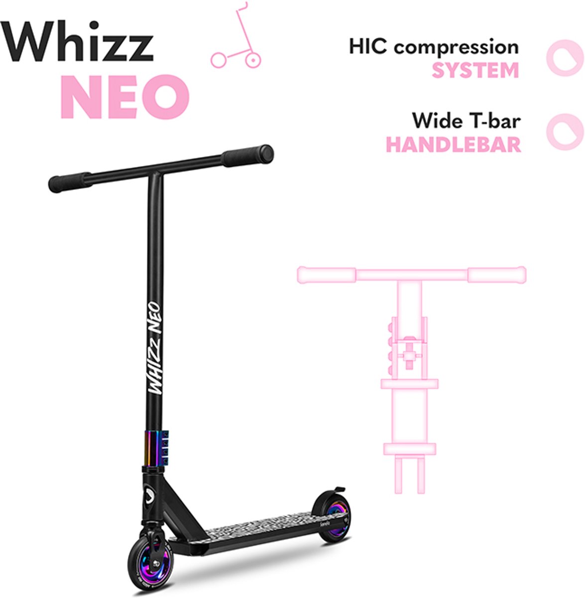 Lionelo Whizz Neo Freestyle Step + Fietshelm voor kinderen – 110 mm PU High Rebound Wielen – ABEC-9 Lagers – HIC Compressiesysteem – Breed T-Bar Stuur – Antislip Aluminium Deck – Neochrome Afwerking – Stuntstep tot 100 kg – Lichtgewicht 3,6 kg — afbeelding 12