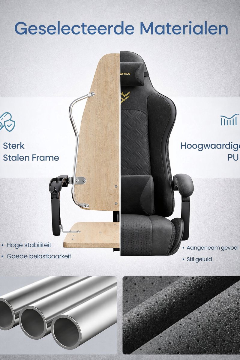 Conway Living® | Bureaustoel Ergonomisch met Verstelbare | Gaming Stoel | Rugleuning 90–135° | Kunstleer | Hoofd- & Lendekussen | Uitschuifbare Voetensteun | Ademend PU | Zwart – foto 2