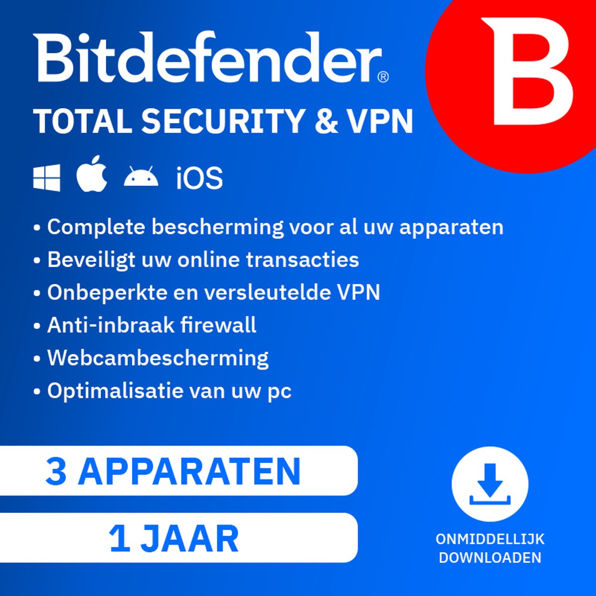 Bitdefender Total Security + VPN - 12 maanden/3 apparaten - Nederlands - Download