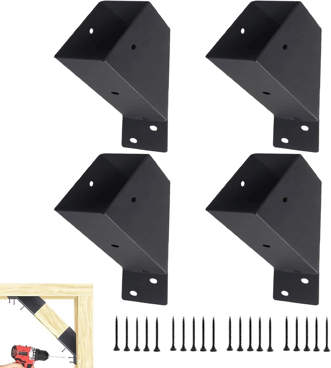 Pergola Bevestiging - Houtverbinder Hoek - Buitenconstructie Bouwen - Precisie Gelast Staal - 4 Delige Set - Zwart
