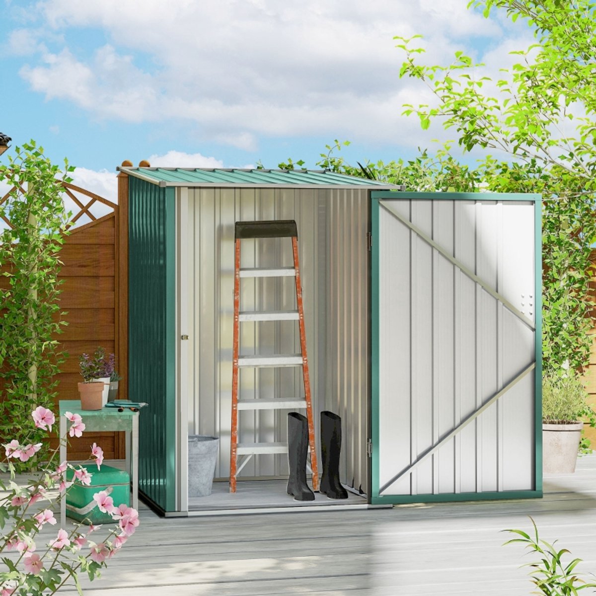 Tuinhuis Metaal, Metalen Schuurtje, Tuinberging Metaal, Gereedschapshok, Metalen Tuinschuur Met Lessenaarsdak, Afsluitbare Deur, Voor Buitengebruik, 100X103X160 Cm, Groen