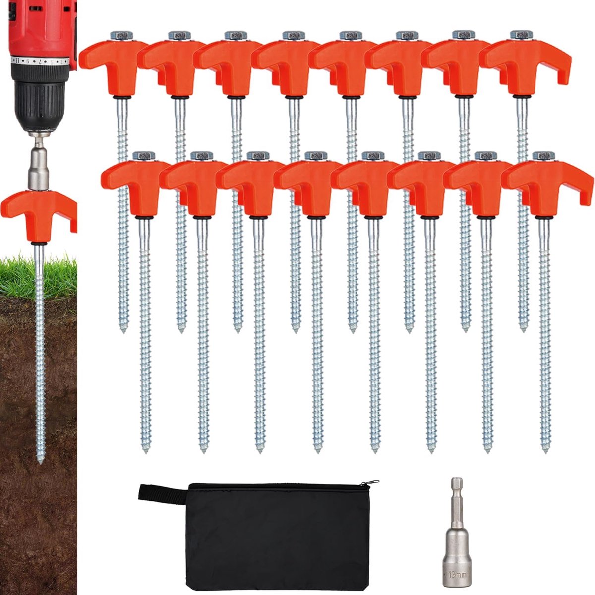 Tent Haringen - Grondankers Schroefbaar - Kamperen Buiten - Roestbestendig Koolstofstaal - 16 Stuks 20cm - Oranje