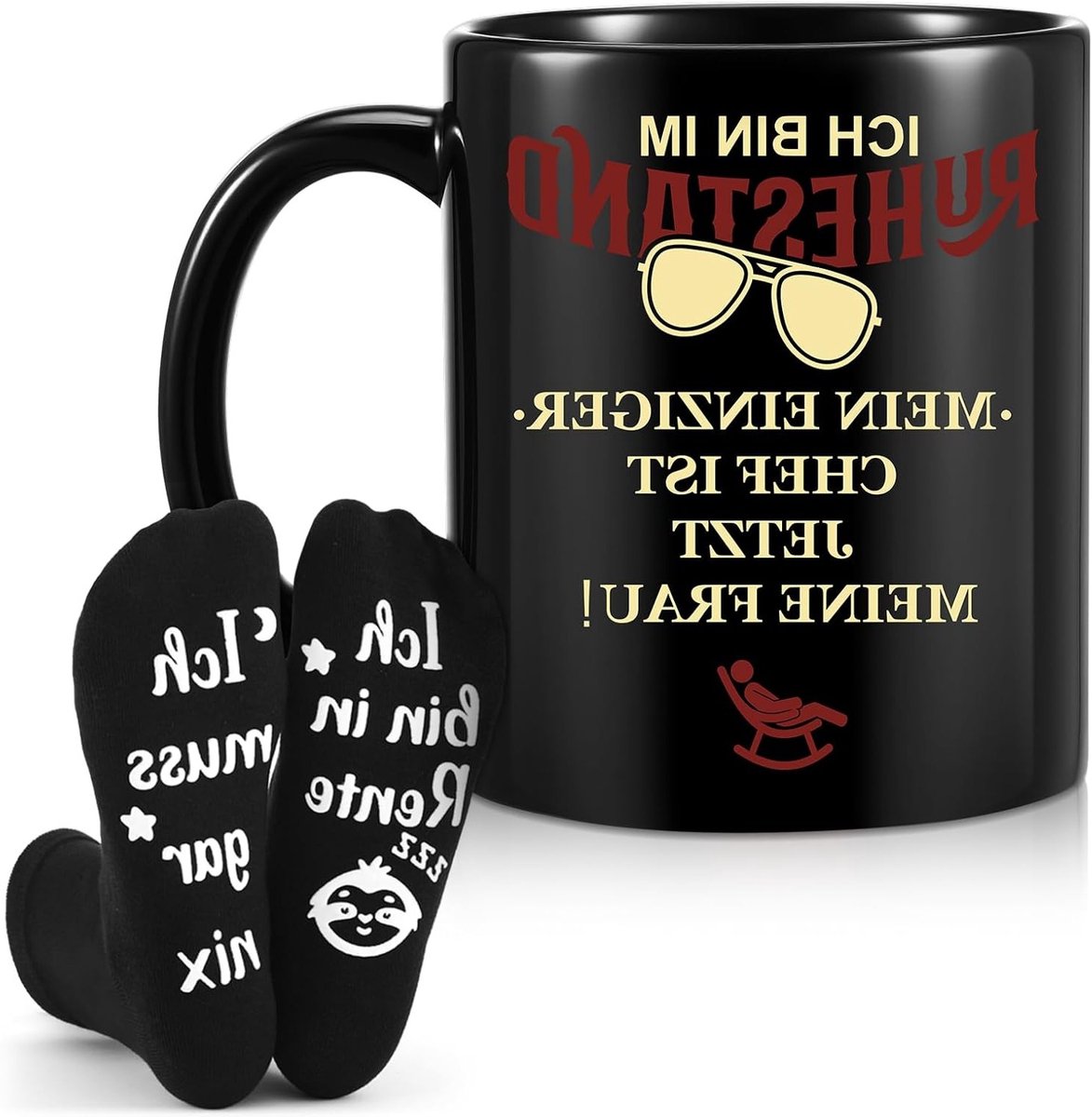 Twee koffiemokken en sokken als cadeau voor mannen die met pensioen gaan - I am retired, perfect voor gepensioneerden
