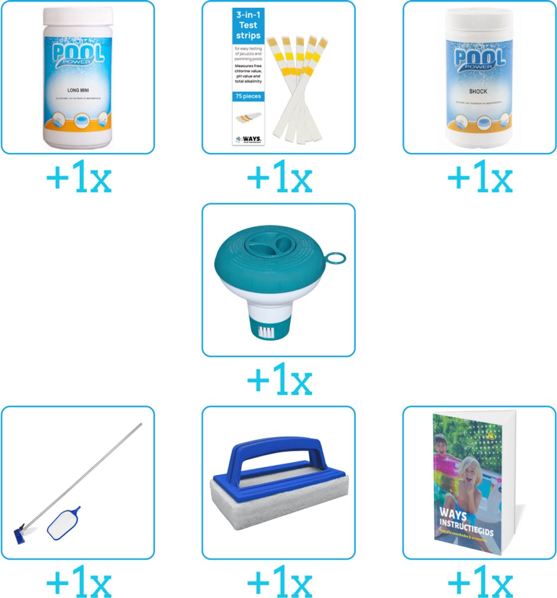Zwembad Onderhoudspakket - Onderhoud Zwembad - bevat Chloor - Testrips - Shock - Chloordrijver - Schoonmaakset - Scrubborstel en Zwembadgids (7-delig)