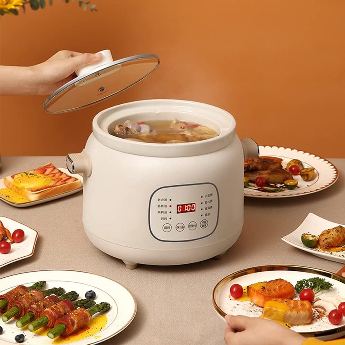Stoofpot Kookpot - Multicooker Timer - Langzaam Koken - Keramische Binnenpan - 3 Liter - Bruin – foto 4