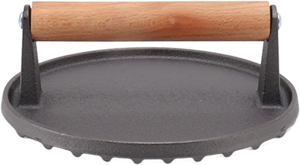 Grillpers Gietijzer Vleespers Burger Gelijkmatig Grillen Geribbeld Oppervlak 17.4 cm Diameter Zwart