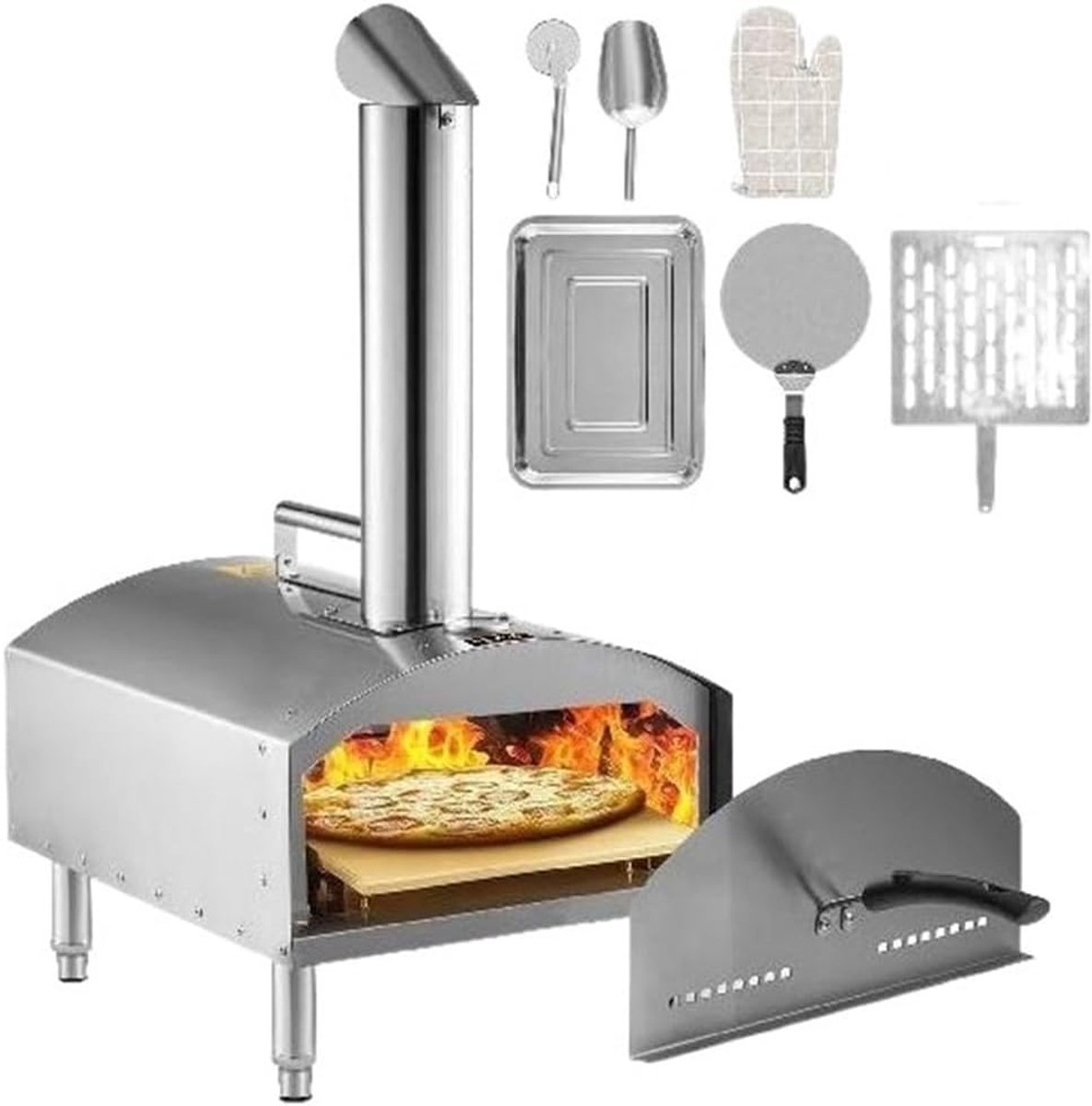 Draagbare Pizzaoven - Houtgestookte Oven - Buiten Koken - Snelle Verwarmingsduur - 12 inch - Zilver