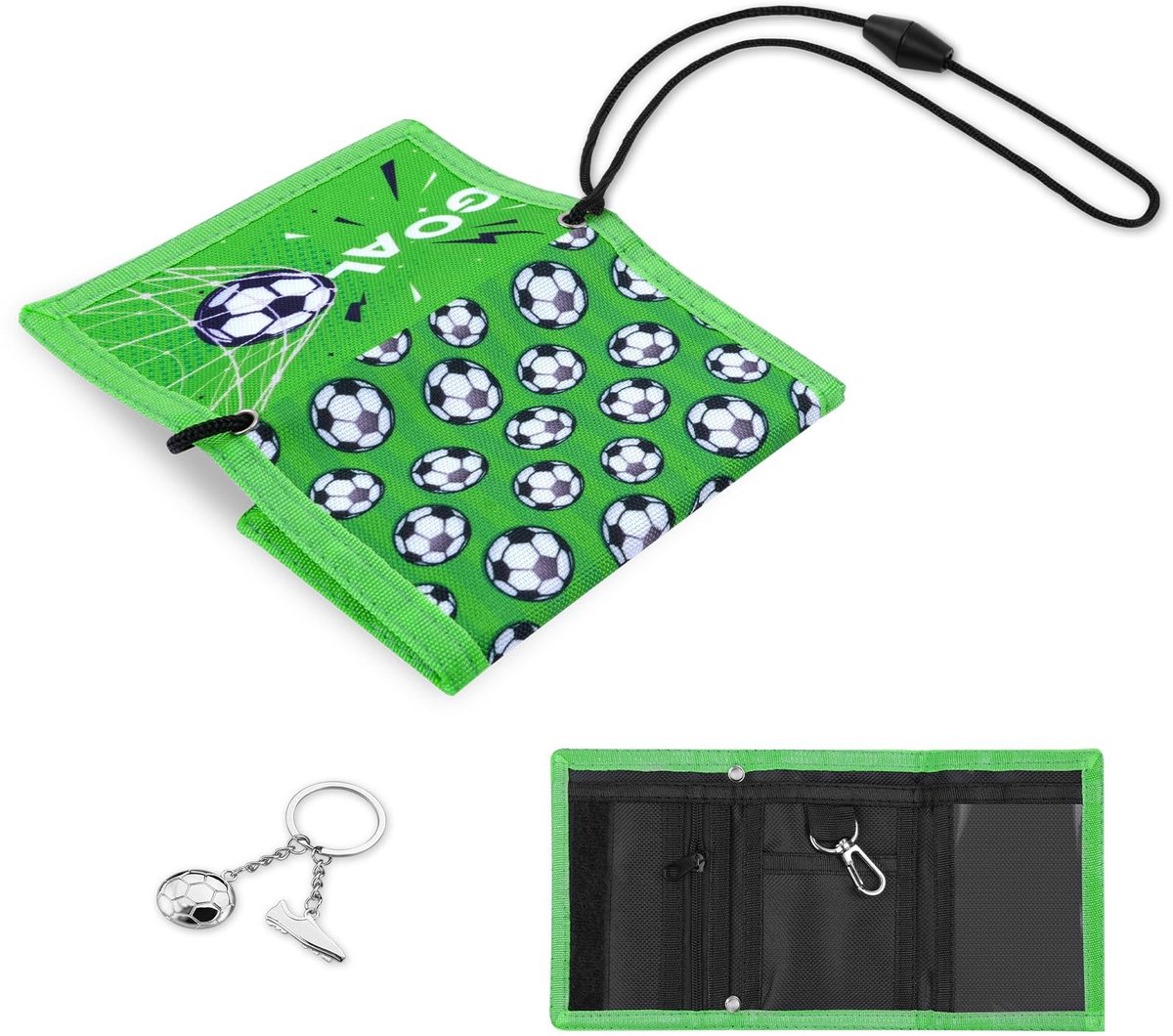 Dailygoods - Aucuu Kinderportemonnee, cartoon waterdichte portemonnee, drievoudige portemonnee met voetbal sleutelhanger en kaartsleuven, reisdocumentenportemonnee voor tieners, jongens, meisjes (voetbalgroen)