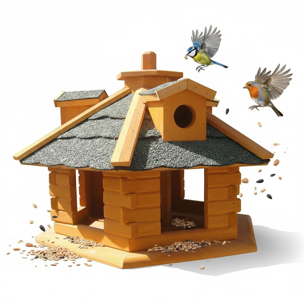 Dailygoods- Vogelhuis Zeshoekig met Voederbak - Vogelvoerstation - Houten Constructie - Bitumen Daken - Afmetingen 48 x 33 cm - Voor Wilde Vogels - Voederhuis