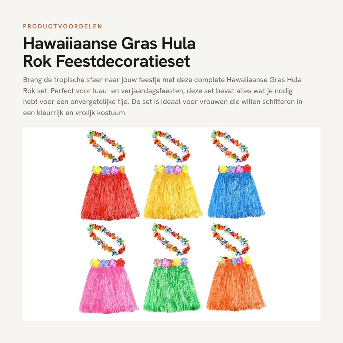 Dailygoods- Hula Rok Set - 12 Stuks - Hawaiiaanse Gras - Bloem Leis Ketting - Tropische Feestdecoratie - Jungle/Safari Thema - Compleet en Betaalbaar