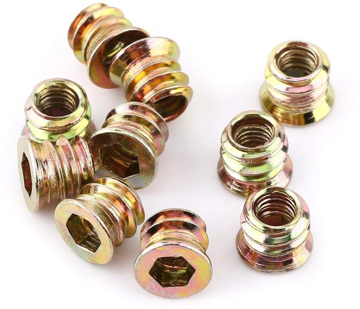 Dailygoods- Steekmoeren 20 Stuks - M6/M8/M10 - Zeskant Moeren - Zinklegering - Houten Inzetstukken - Buitendraad