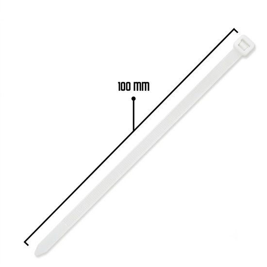 Witte kabelbinder van 100 mm lang, met afmeting aangegeven.