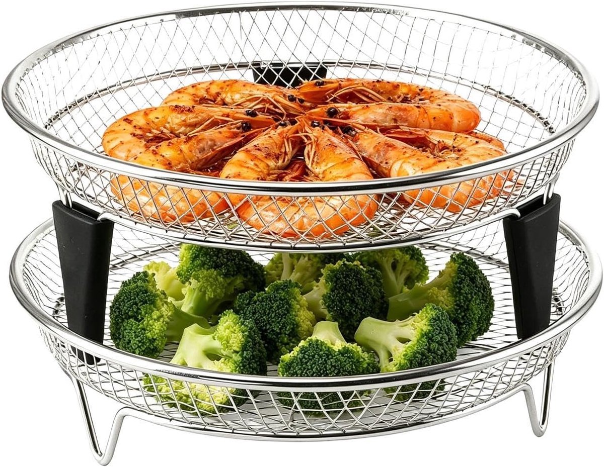 Airfryer Lade Dehydrator Rack Maaltijd Voorbereiding Stapelbaar Ontwerp 2-Delig Zilver