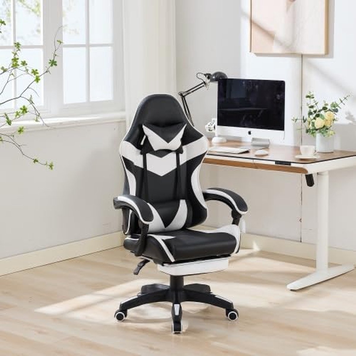 Bureaustoel - Werkstoel comfort - Thuiswerken ontspannen - Ademende mesh rug - 90 cm hoog - Grijs wit