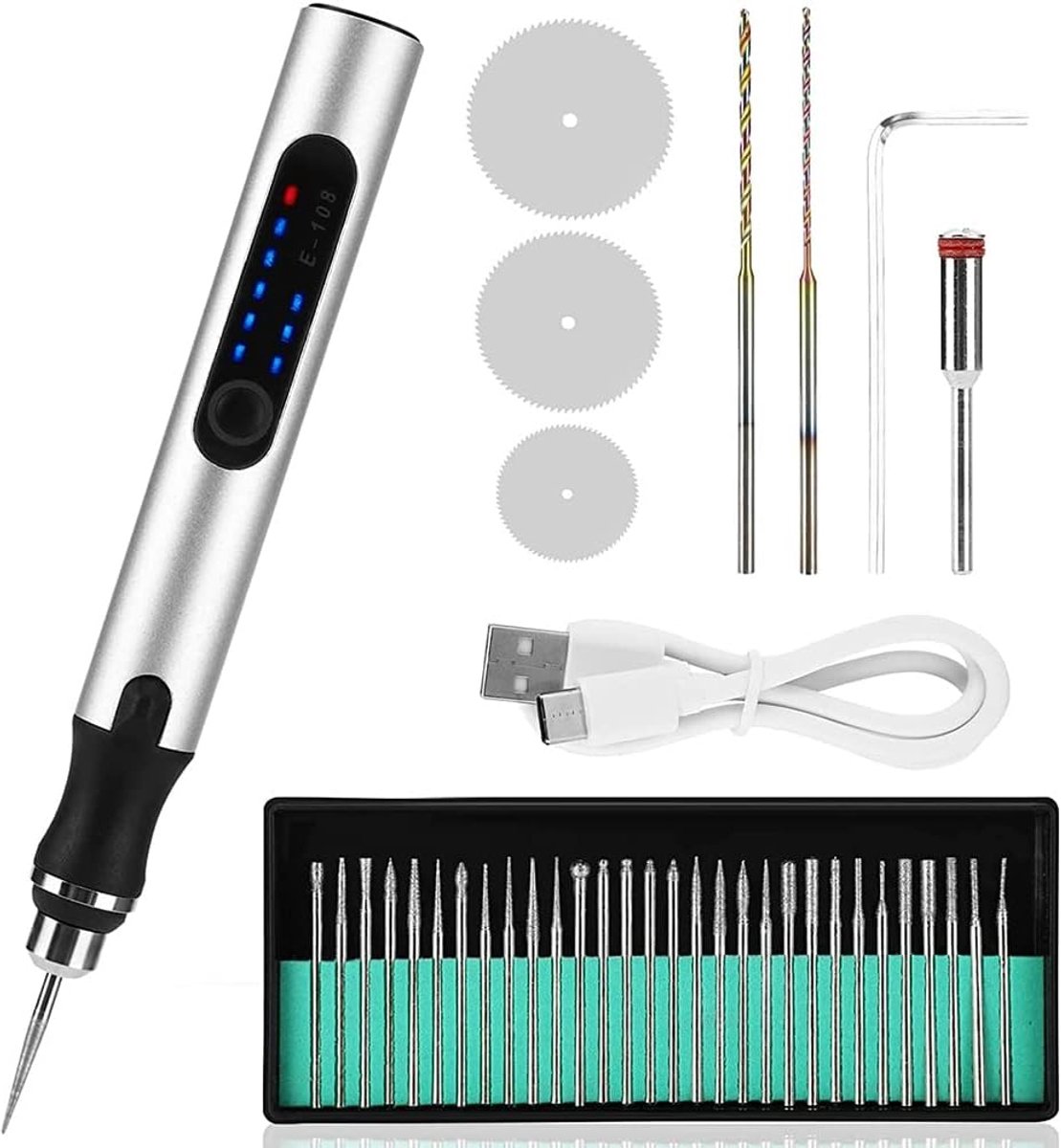 Elektrische graveerpen - Navulbare graveerstift - Hout steen graveren - Overbelastingsbeveiliging - 35 bits - Zilver