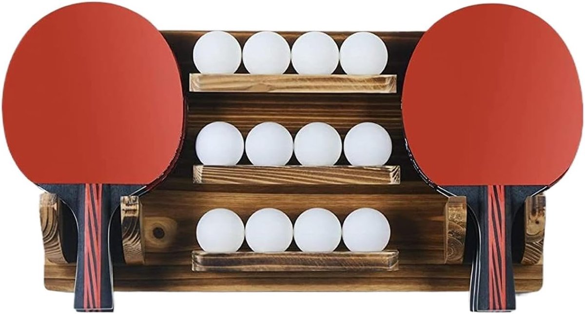 Tafeltennis Organizer - Racket Houder - Sport Opslag - Houten Constructie - 6 Rackets 12 Ballen - Houtkleur