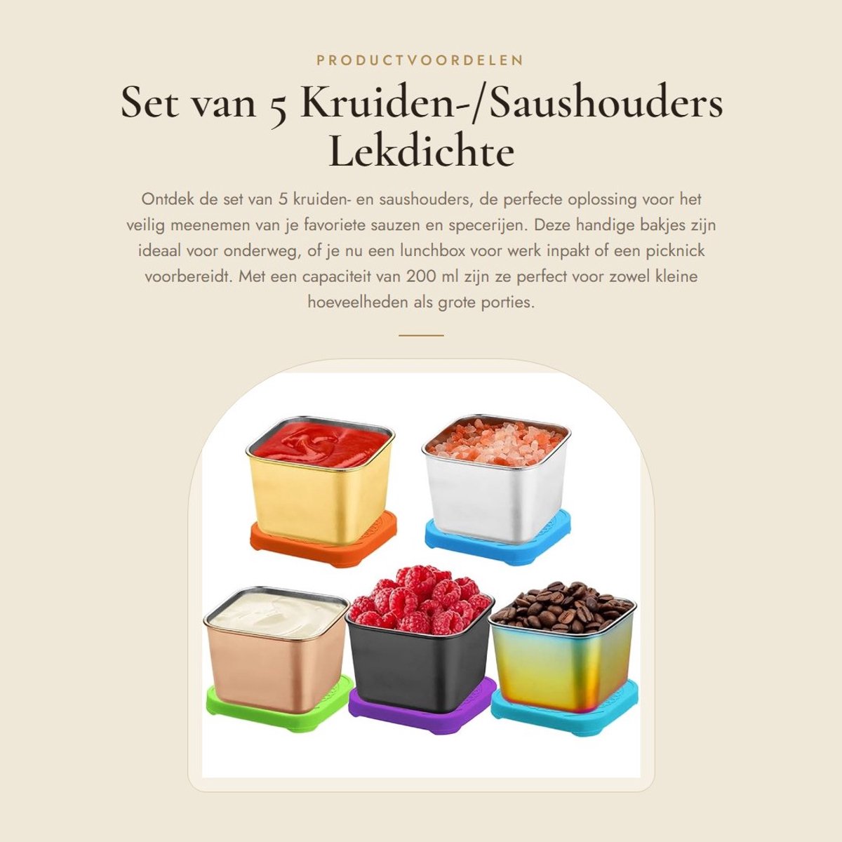 Dailygoods- Saushouders Set van 5 - Roestvrijstalen Bakjes 200 ml - Lekdichte Deksels - Siliconen Deksels - Herbruikbaar - Perfect voor Lunchbox en Picknick - Sauzenbakjes