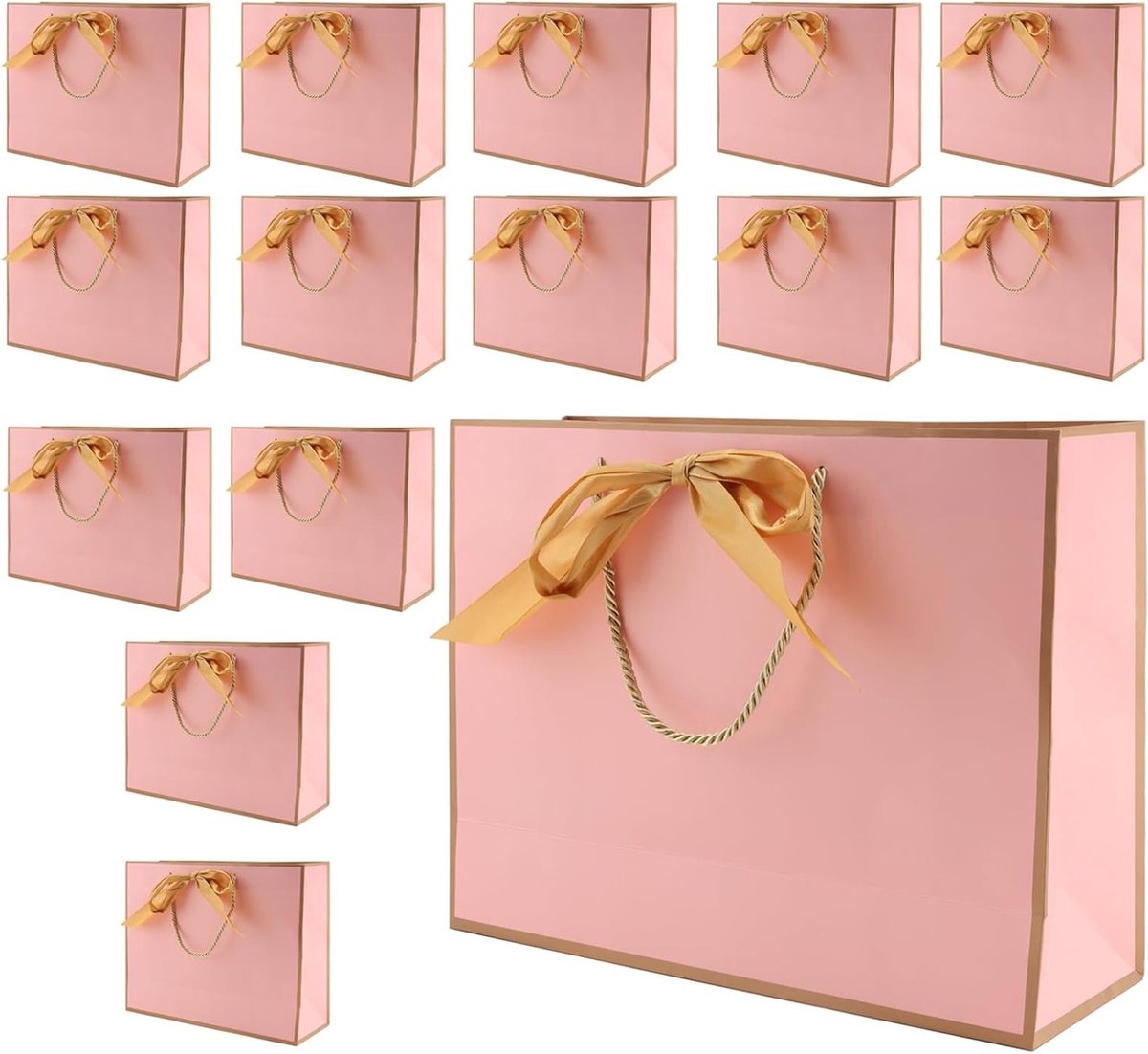 15 Stuks Roze Papieren Cadeautassen met Gouden Strik, Ideaal voor Feestjes, Verjaardagen en Bruiloften, 32 x 25 x 11 cm