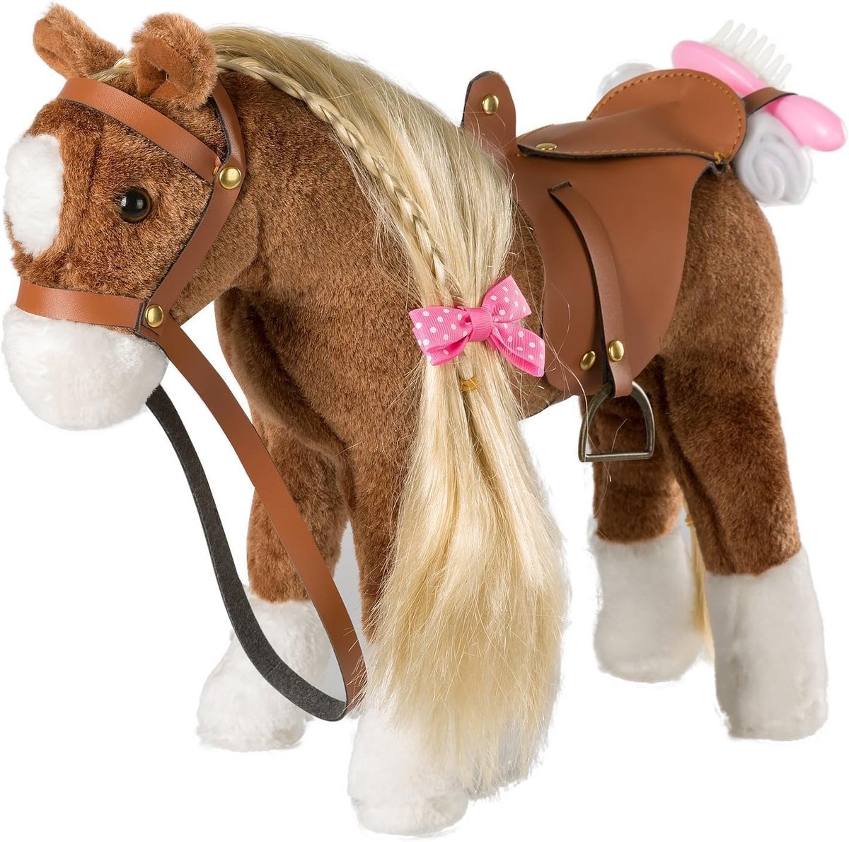 Dailygoods- Paardenspeelgoed Pluche - Kampaard met Zadel/Hoofdstel - 28 cm - Cadeau voor Kinderen - Hoogwaardige Materialen - Bruin - Pluche Paard