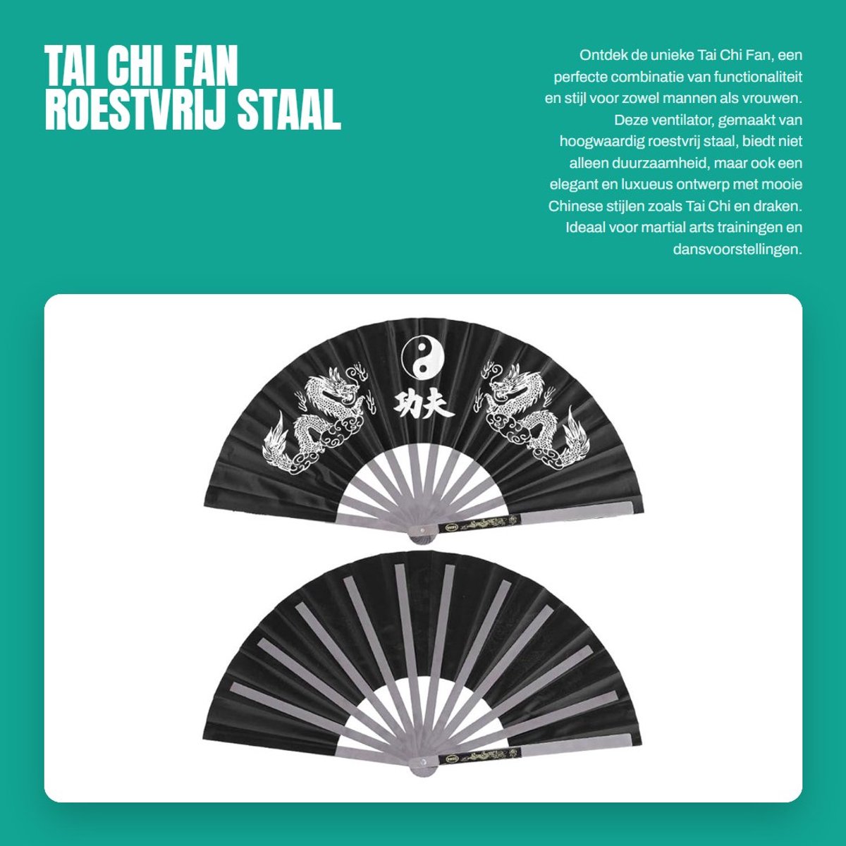 Dailygoods - Tai Chi Fan - Roestvrij Staal - Duurzaam en Elegant - Zwart - Kung Fu Ventilator - Perfect voor Training en Performance - Uniseks
