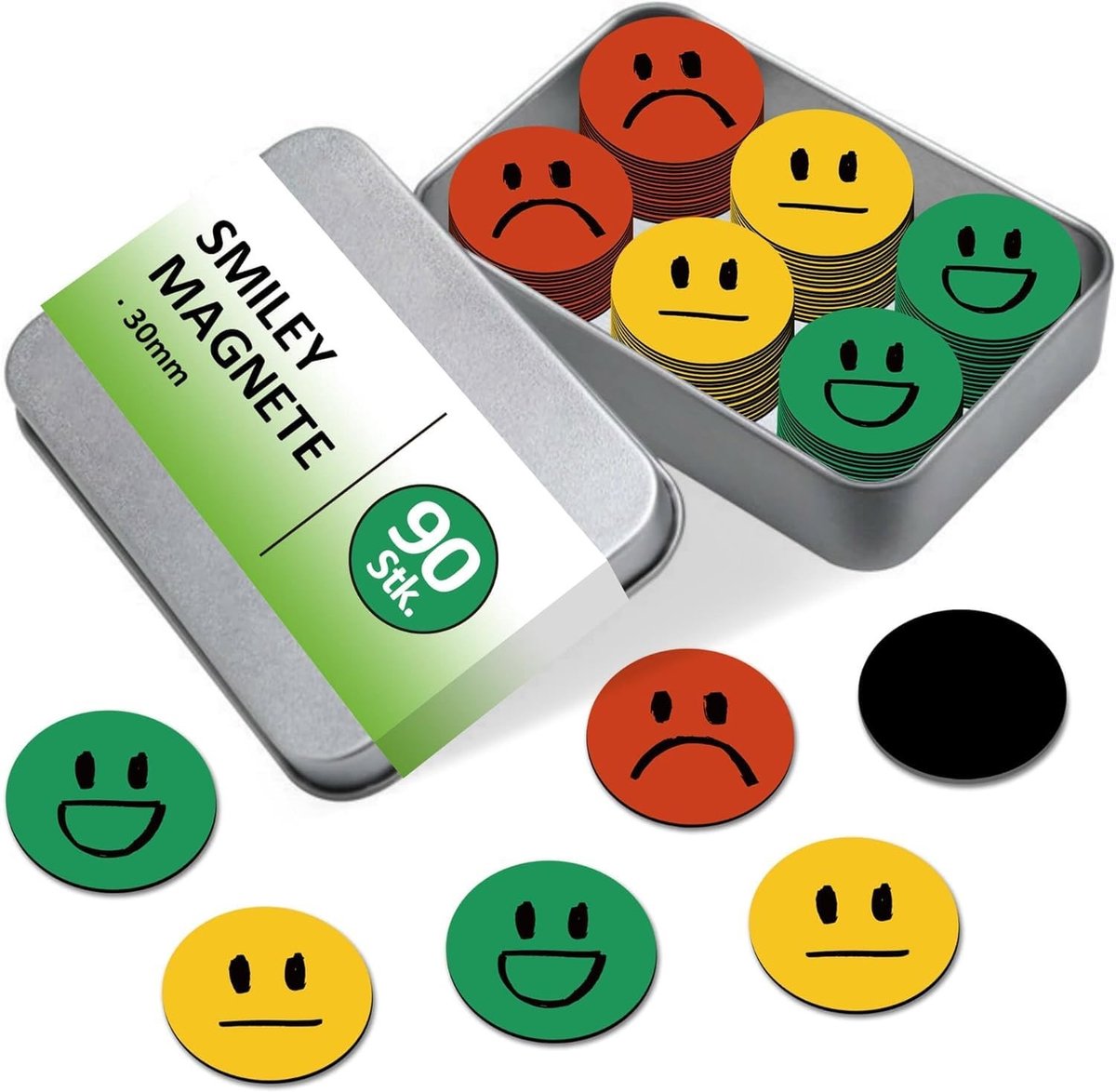 Dailygoods- Magneten Set 90 Stuks - Smiley Magneten Ø30mm - Koelkastmagneten - Whiteboard Magneten - Sterke Hechting - Robuuste Metalen Doos