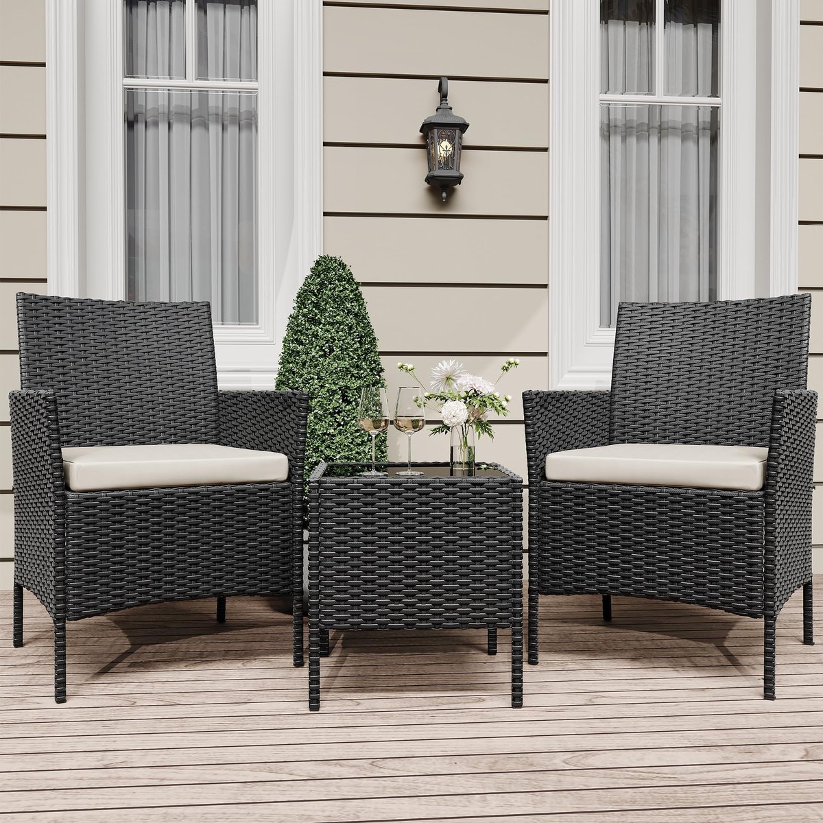 Tuinset 3-delig - Lounge Set met Rotan Fauteuils en Kussens voor 2 Personen - Balkonset met Glazen Salontafel - voor Terras en Tuin - Zwart + Beige