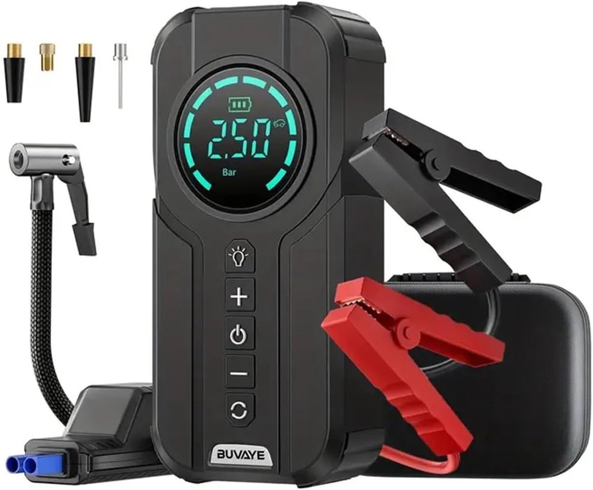 Auto Startkabel - Accu Hulp - Noodsituaties Onderweg - Met Bandenpomp - 2000A - Zwart