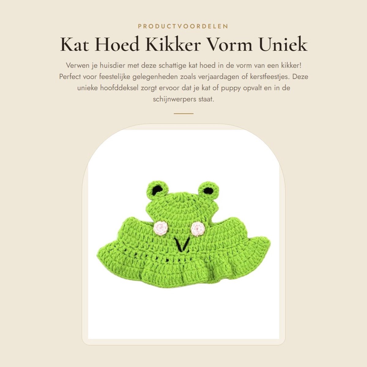Dailygoods- Kattenhoed Kikkerdesign - Handgehaakt - Comfortabele Pasvorm - Geschikt Voor Huisdieren 5-13 kg - Zacht Garen - Unieke Hoofdtooi - Huisdieraccessoire