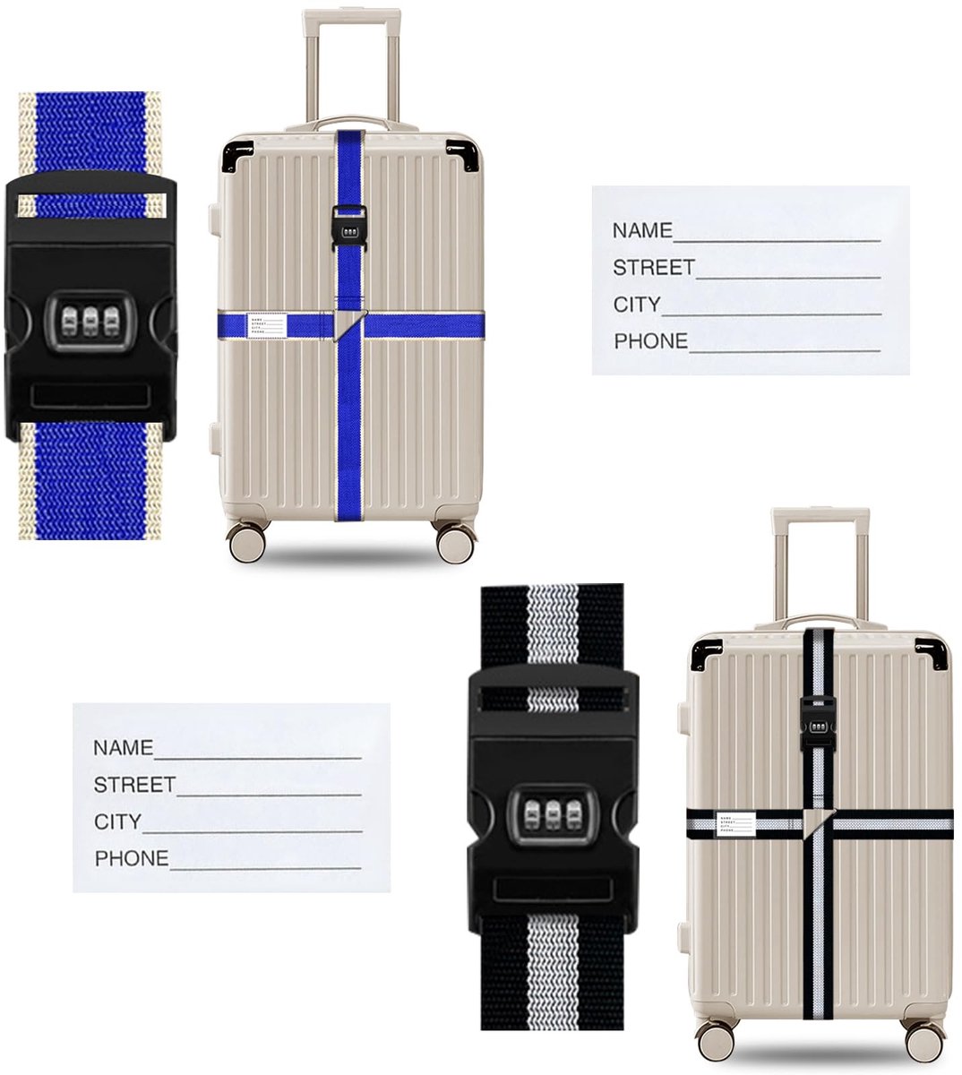 Dailygoods- Kofferriem met Cijferslot TSA - Verstelbare Bagageriem - Set van 2 Stuks - 4,2 m Kofferband - Naamplaatje - Opvallende Kleur