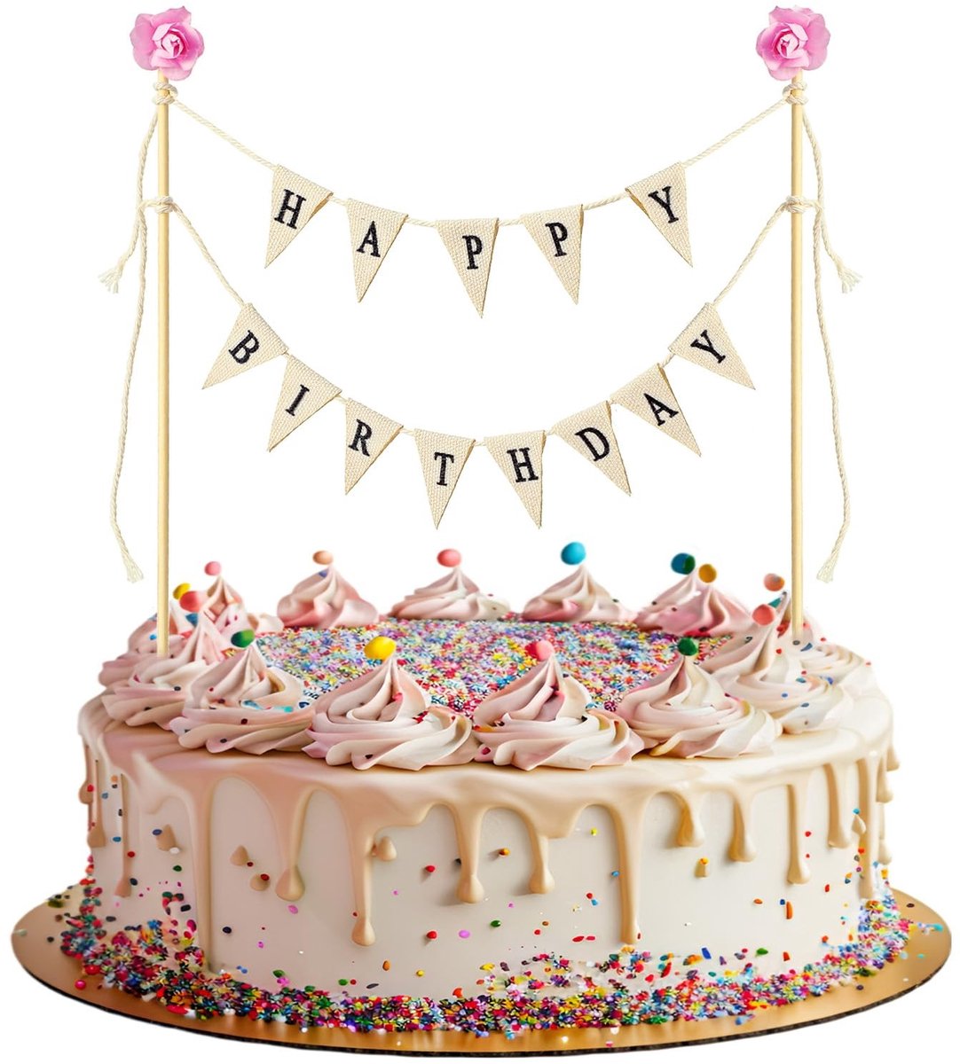 Dailygoods - Happy Birthday Cake Banner Happy Birthday Cake Bunting Topper Cake Topper Banner Garland Happy Birthday Banner Cake Topper Gepersonaliseerde Verjaardag Banner Handgemaakte Wimpel Vlaggen met Houten