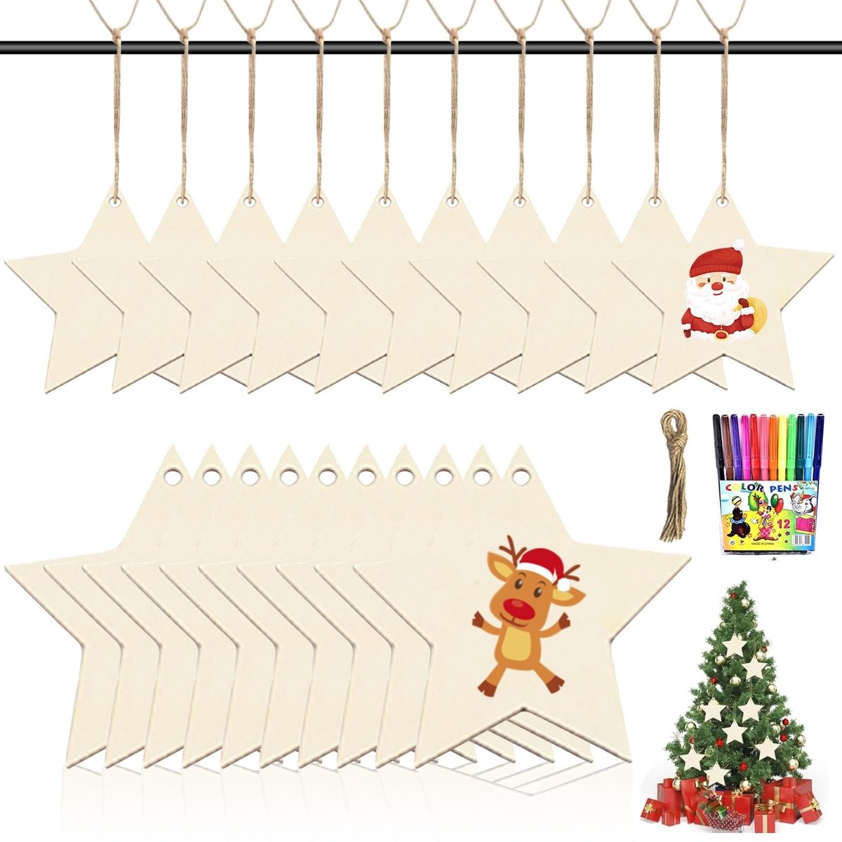 Dailygoods- Kersthangers 30 Stuks - Houten Knutselset voor Kinderen - Doe-Het-Zelf Kerstdecoratie - Boomversiering om te Beschilderen - Inclusief Touw en Stiften