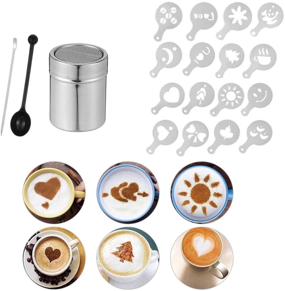 Dailygoods- Poeder Shaker Roestvrij Staal - Mesh Zeef - 16 Koffie Stencils - Koffie Kunst Pull Pin - Voedselkwaliteit - Afmetingen 7,8 x 5,8 cm - Poedersuiker Shaker