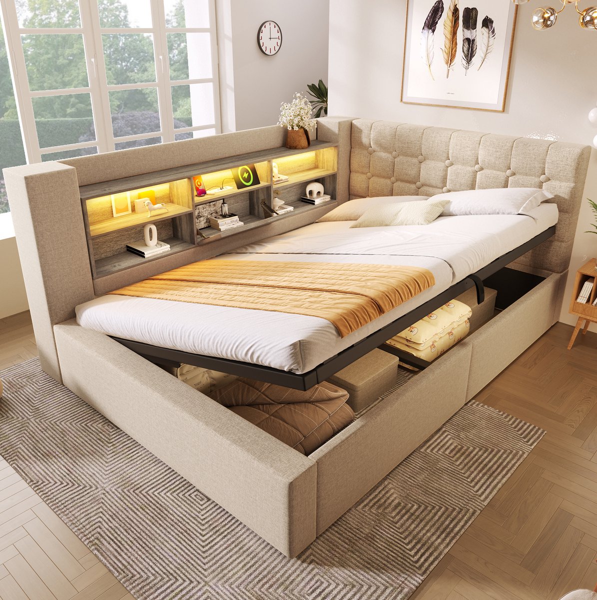 MEUNIQ gestoffeerd bed 140x200 cm met LED-verlichting, hydraulische opbergruimte, L-vormig hoofdbord met vakken en USB-aansluitingen, tweepersoons bedframe beige