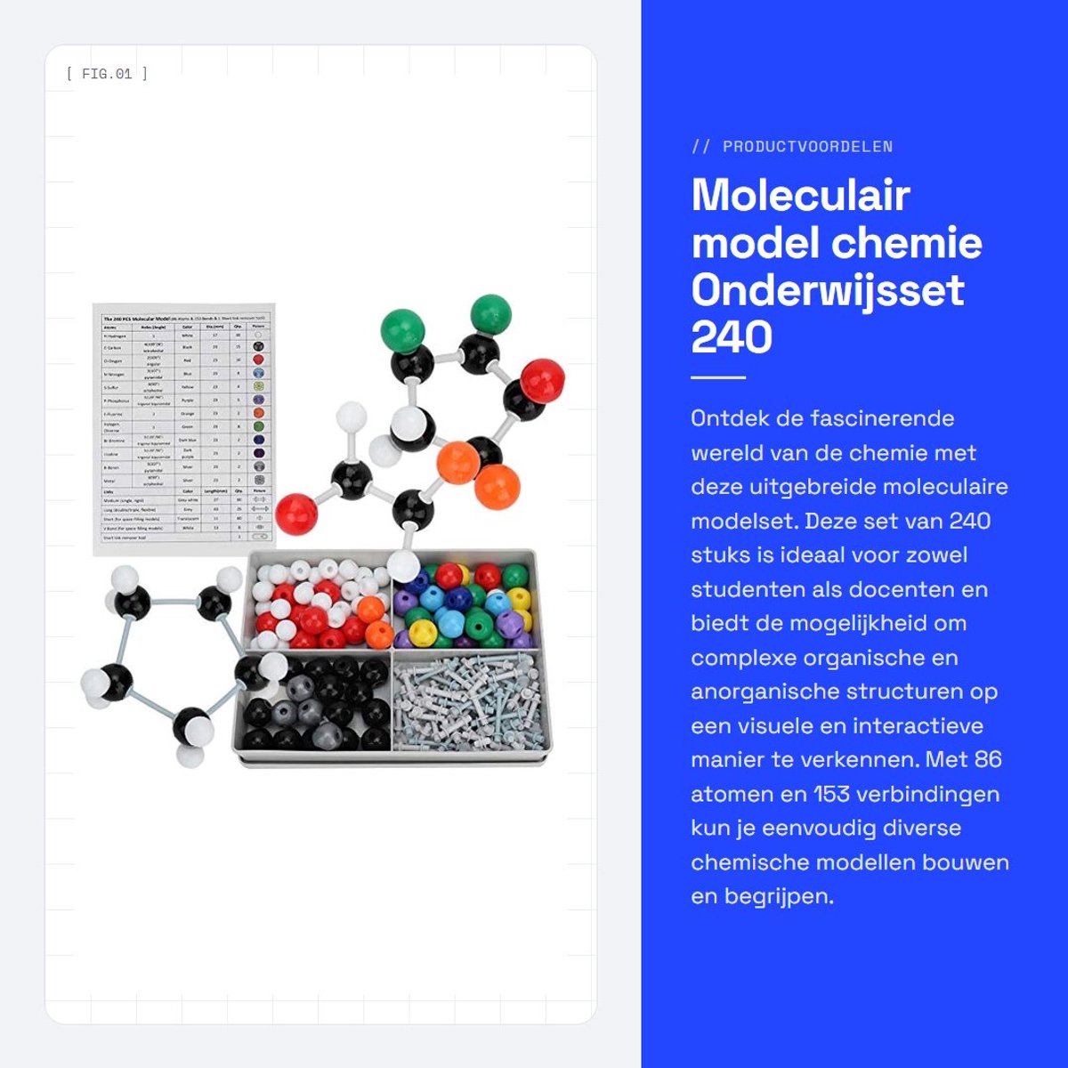 Dailygoods- Moleculair Model Set 240 Stuks - 86 Atoommodellen - 153 Links - Demontagegereedschap - Balstick Type - Veilig Kunststof - Moleculaire Bouwset