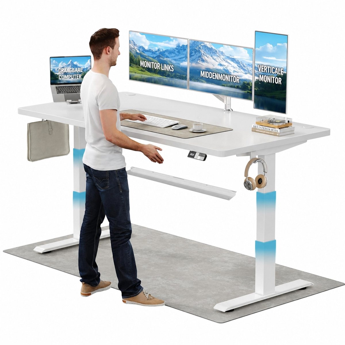 Devoko Elektrisch Zit-Sta Bureau 160x80 cm - Elektrisch Verstelbaar Bureau - In Hoogte Verstelbaar 63-128 cm - 25 mm FSC Tafelblad - Dubbele Motor - 125 kg - Wit