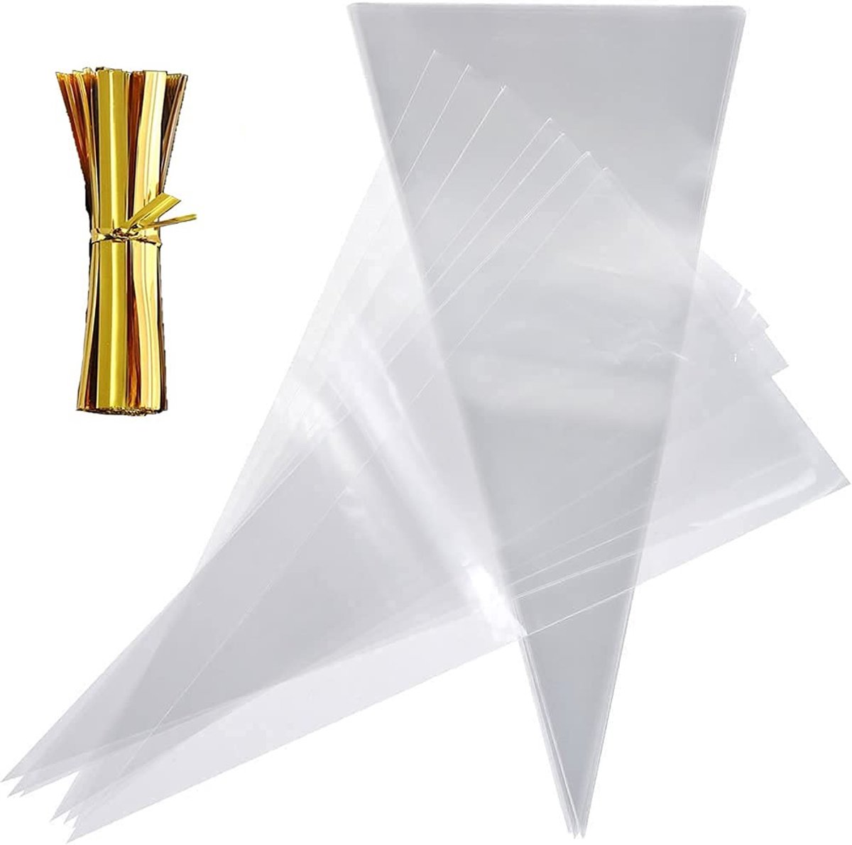 Dailygoods- Kegelzakken 100 stuks - Doorzichtige Cellofaankegelzakken - Driehoekige Traktatiezakken - Gouden Twistbanden - Popcornzakken - 13 x 25 cm