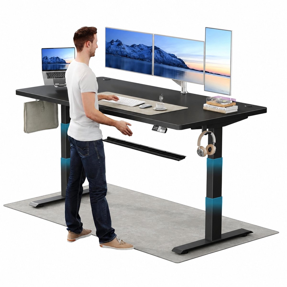Devoko Elektrisch Zit-Sta Bureau 160x80 cm - Elektrisch Verstelbaar Bureau - In Hoogte Verstelbaar 63-128 cm - 25 mm FSC Tafelblad - Dubbele Motor - 125 kg - Zwart