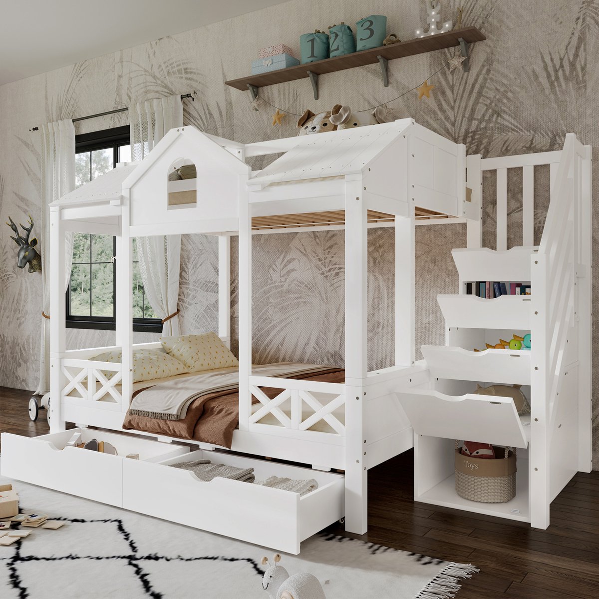 MEUNIQ stapelbed voor kinderkamer 90x200 en 140x200 cm met trapkast, 4 opbergvakken, 2 lades op wielen, huisvorm met dak en ramen, wit