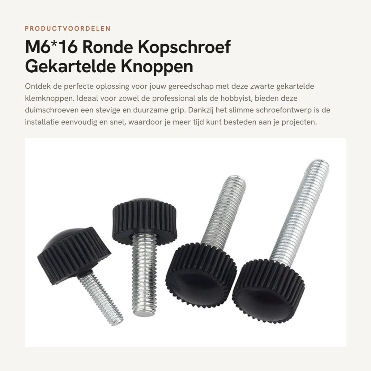 Dailygoods- Duimschroef M6*16 - Gekartelde Knoppen - Zwart Plastic - Stevig/Duurzaam - Comfortabele Handgreep - Voor Werktuigmachines - Knop