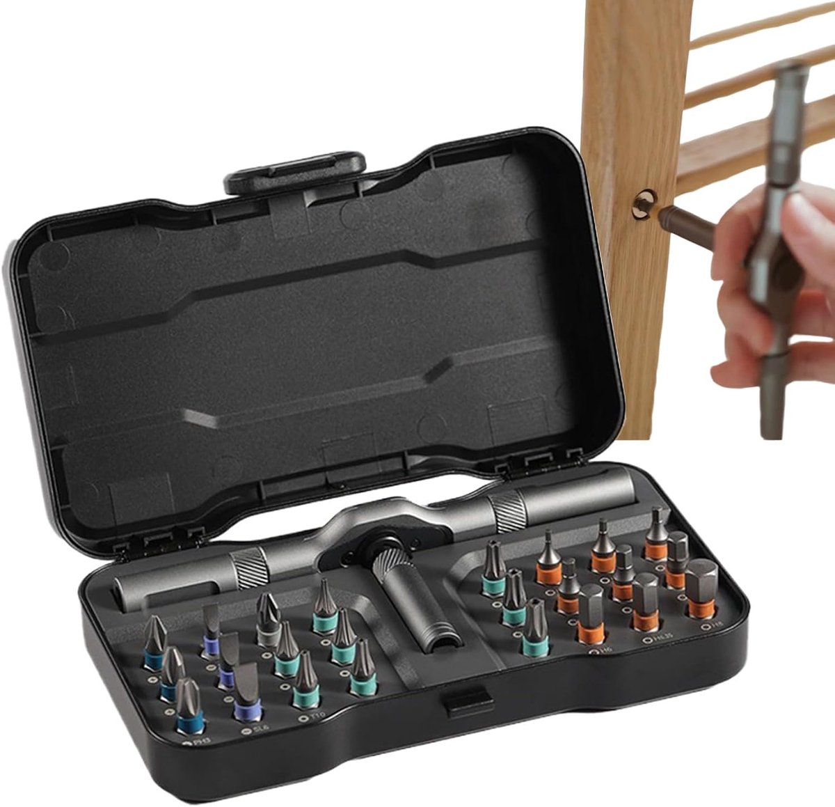 Ratelschroevendraaier Set - Compacte T-handgreep - Reparaties Uitvoeren - Inclusief 24 Bits - Doos 27 cm - Zilverkleurig
