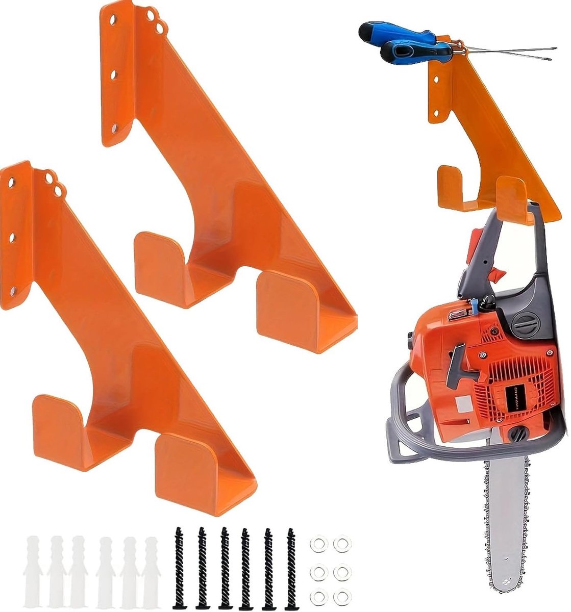 Dailygoods- Kettingzaag Wandhouder Robuust Staal - 2 Stuks - Maximaal 68 kg - Rubberen Bescherming - Veilig Ontwerp - Geschikt voor Diverse Modellen - Motorzaagsteun