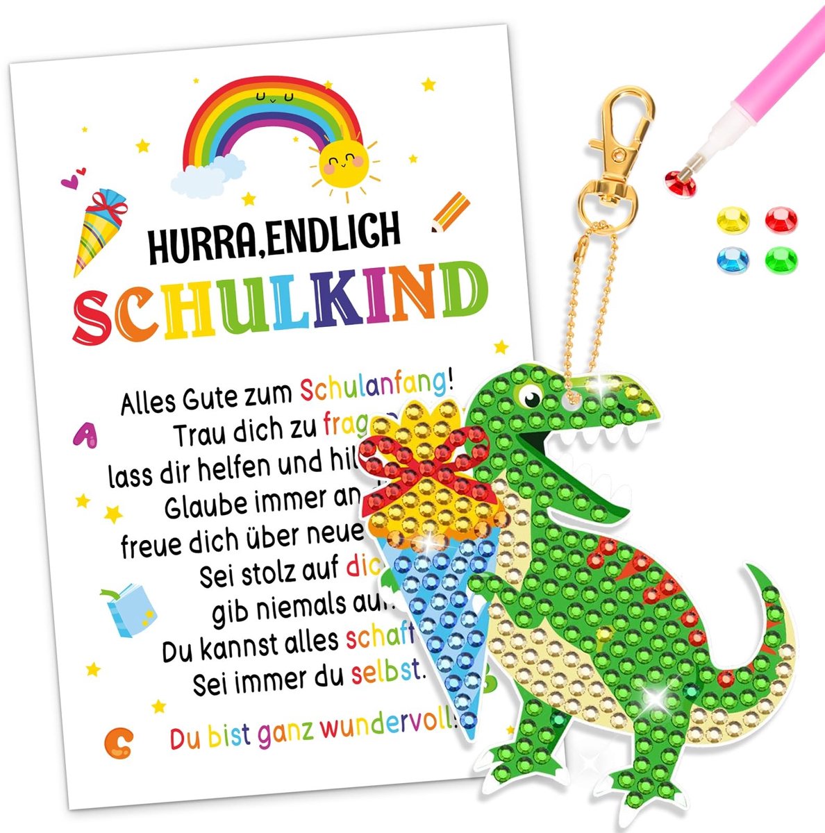 Dailygoods- Schooltas - Eerste schoolcadeau jongens - Dino ontwerp - Sleutelhanger - Geluksbrenger - Kaart voor eerste schooldag - Kindertas